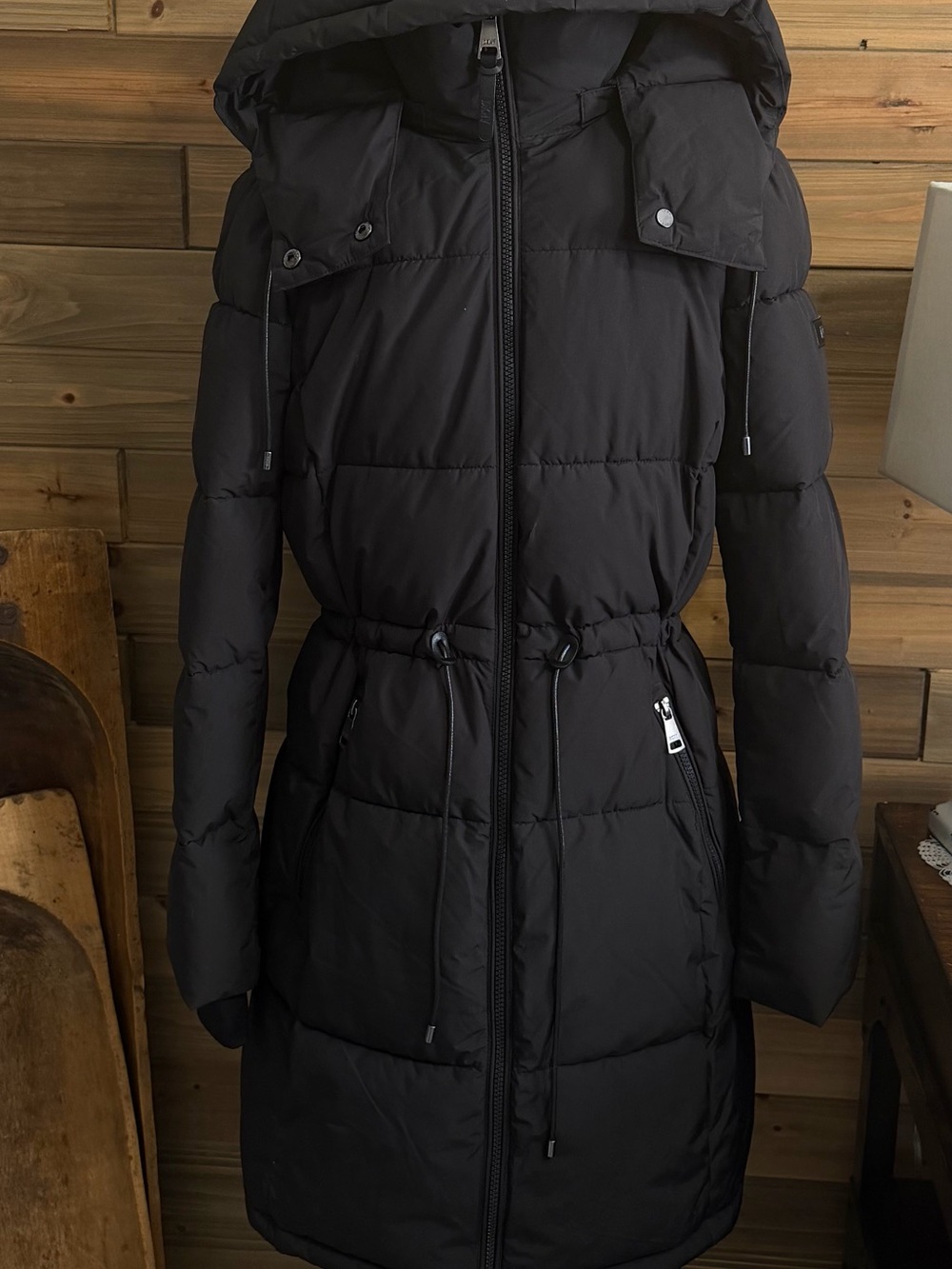 DKNY Black Hooded Quilted Drawstring Puffer Coat